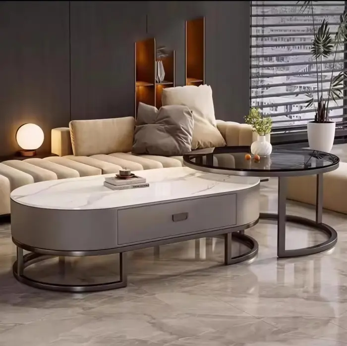 طقم طاولة وسط مودرن مع طاولة جانبية زجاج تصميم رخامي فاخر - الصورة 2