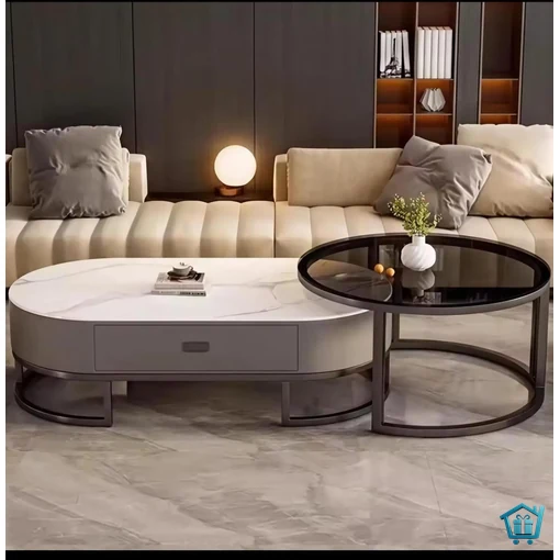 طقم طاولة وسط مودرن مع طاولة جانبية زجاج تصميم رخامي فاخر