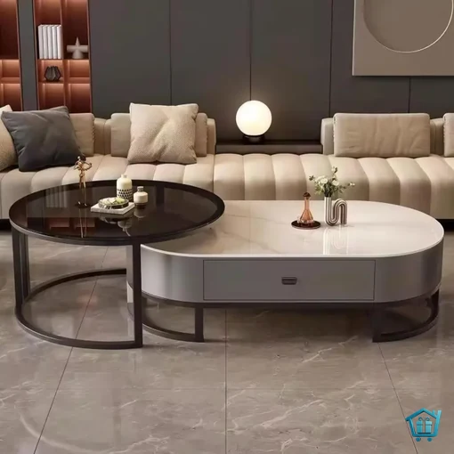 طقم طاولة وسط مودرن مع طاولة جانبية زجاج تصميم رخامي فاخر